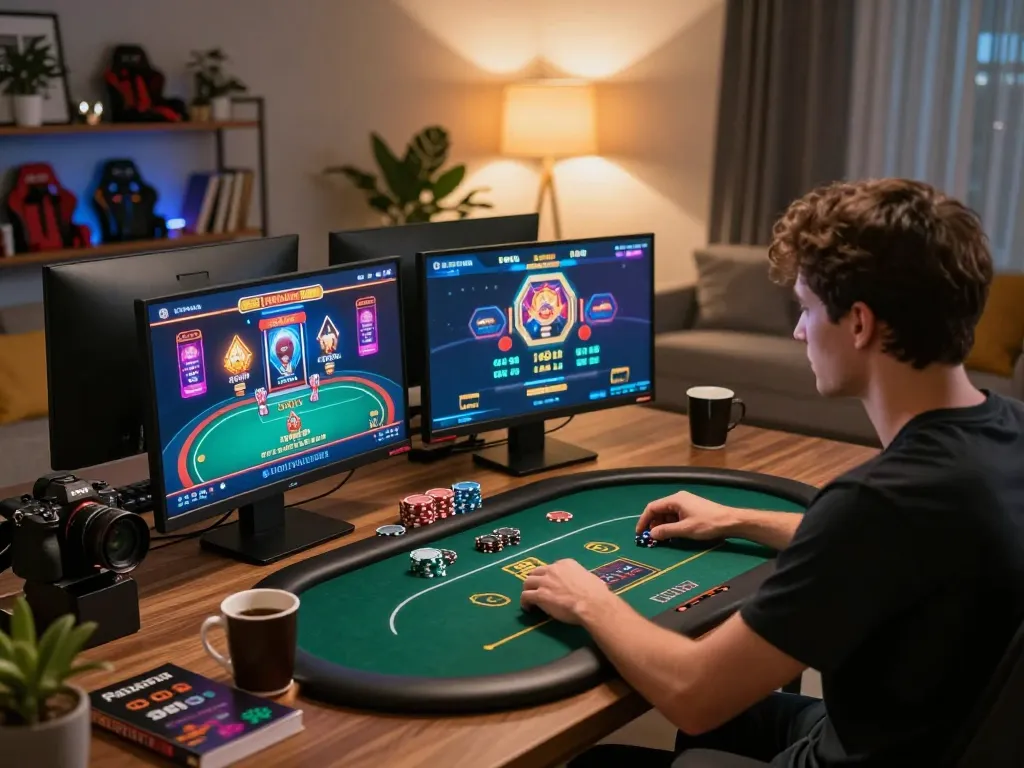 Player engaging in online gaming at mb66ac, showcasing poker strategy and gameplay from a stylish desk setup.