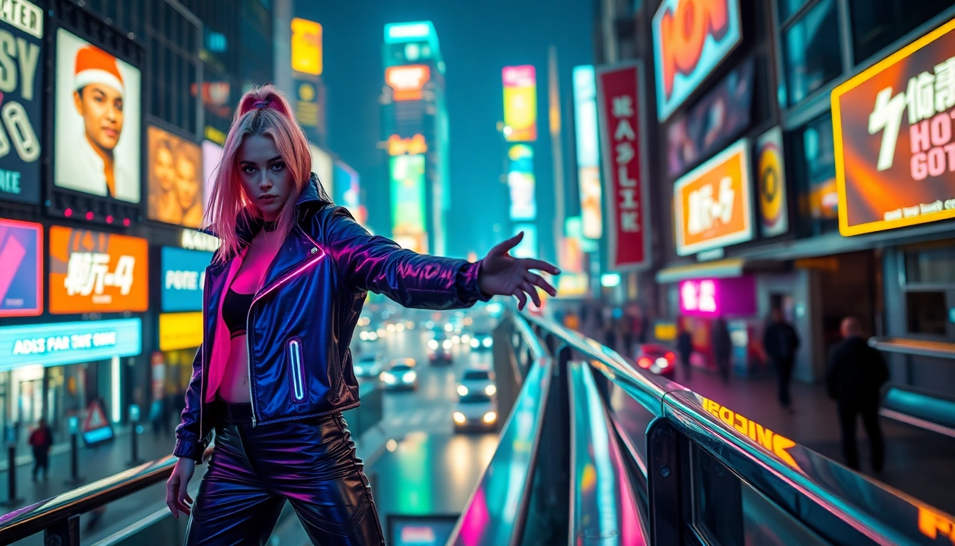 Erleben Sie kreative cyberpunk apparel in einem urbanen Umfeld mit neonfarbenen Akzenten.