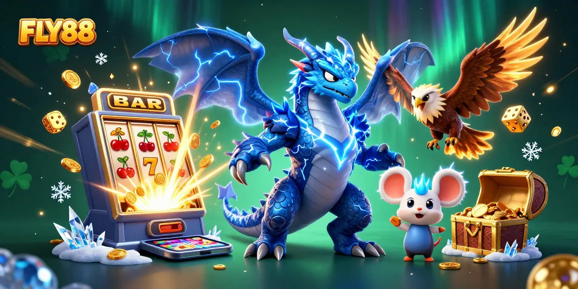 Experience thrilling gaming at FLY88 with a vibrant casino scene featuring mythical creatures and slot machines.