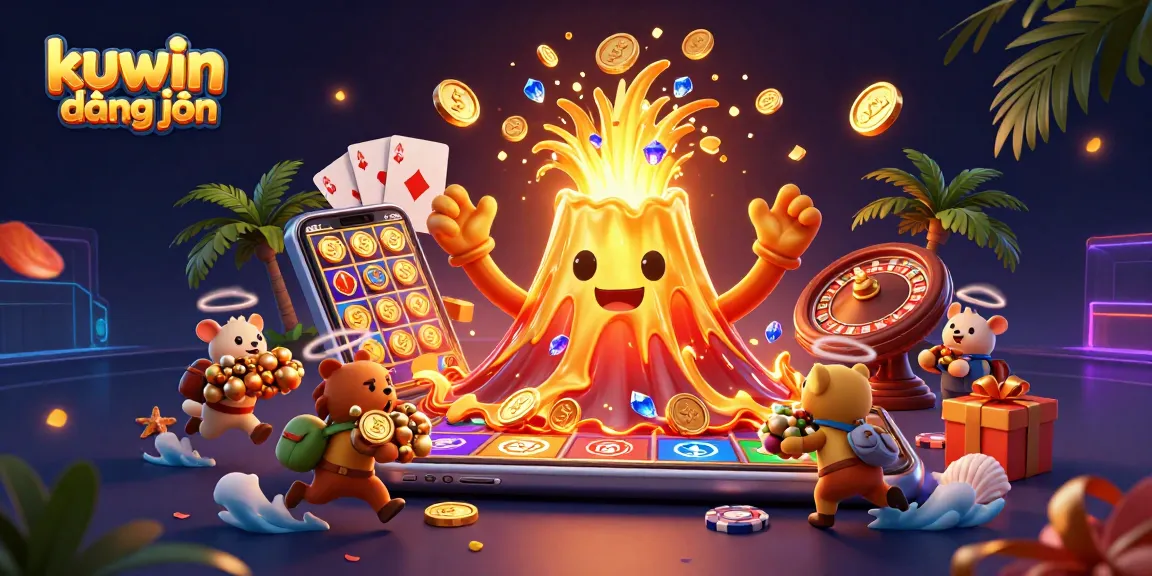 Join the excitement at kuwin đăng nhập, featuring a vibrant scene of treasure-hunting animals amidst a dynamic casino backdrop.