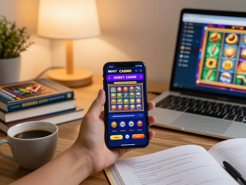Play exciting hubet casino games on smartphone while enjoying a cozy home office atmosphere