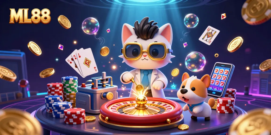 ML88's vibrant casino scene showcases a mad scientist cat and assistant creating excitement with cascading coins and jackpot elements.