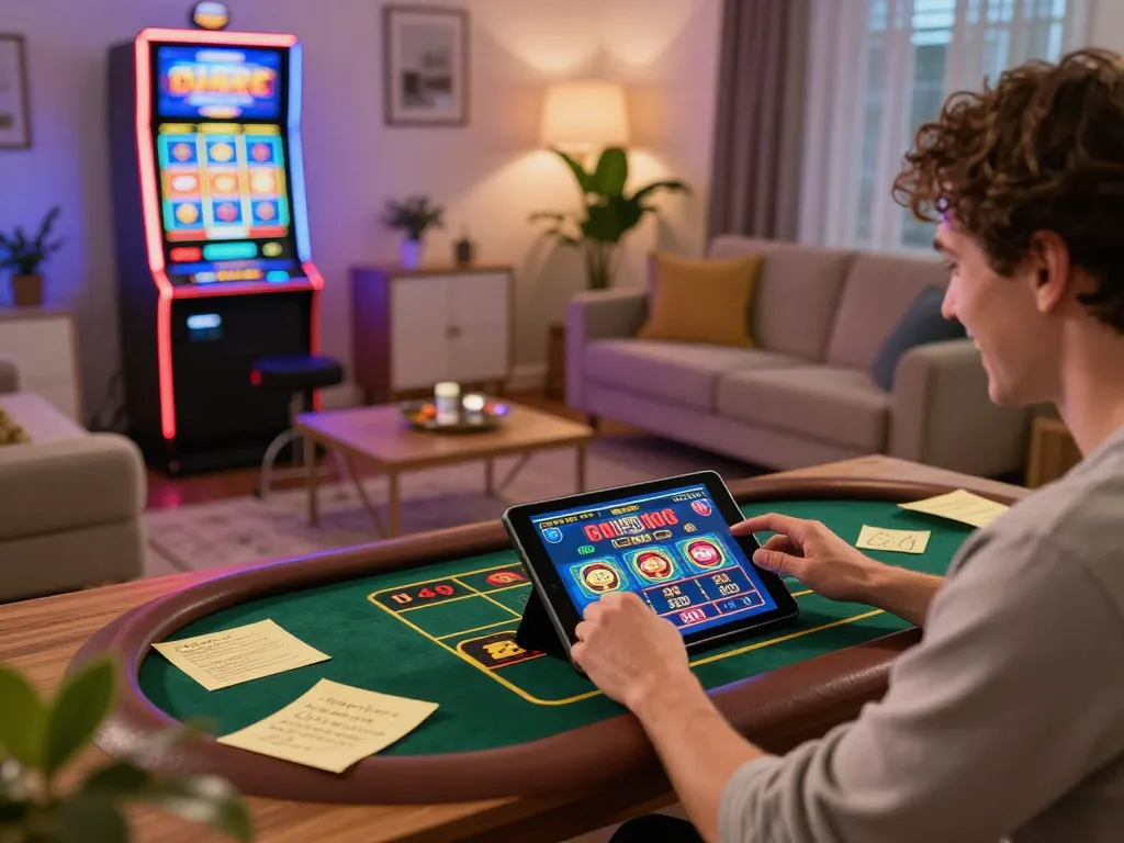 Engaging in online gaming at https://ta88at.com/ with a tablet, showcasing vibrant slots and a cozy atmosphere.
