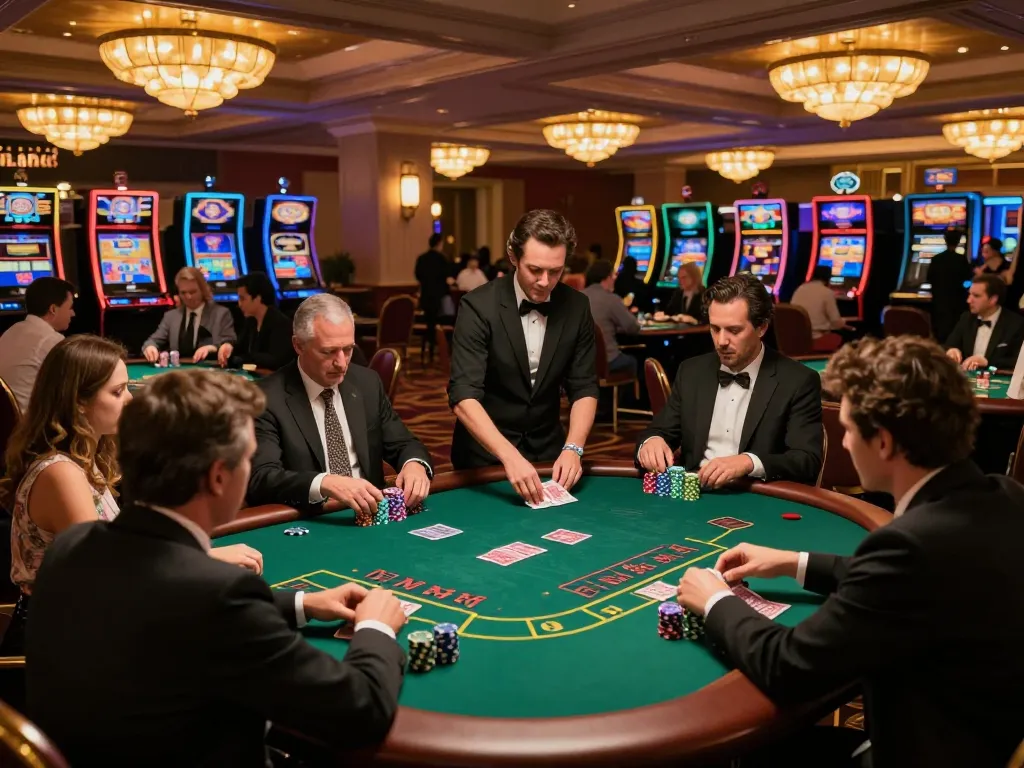 Players enjoy blackjack at ALO8's upscale casino, showcasing strategic gameplay and vibrant ambiance.