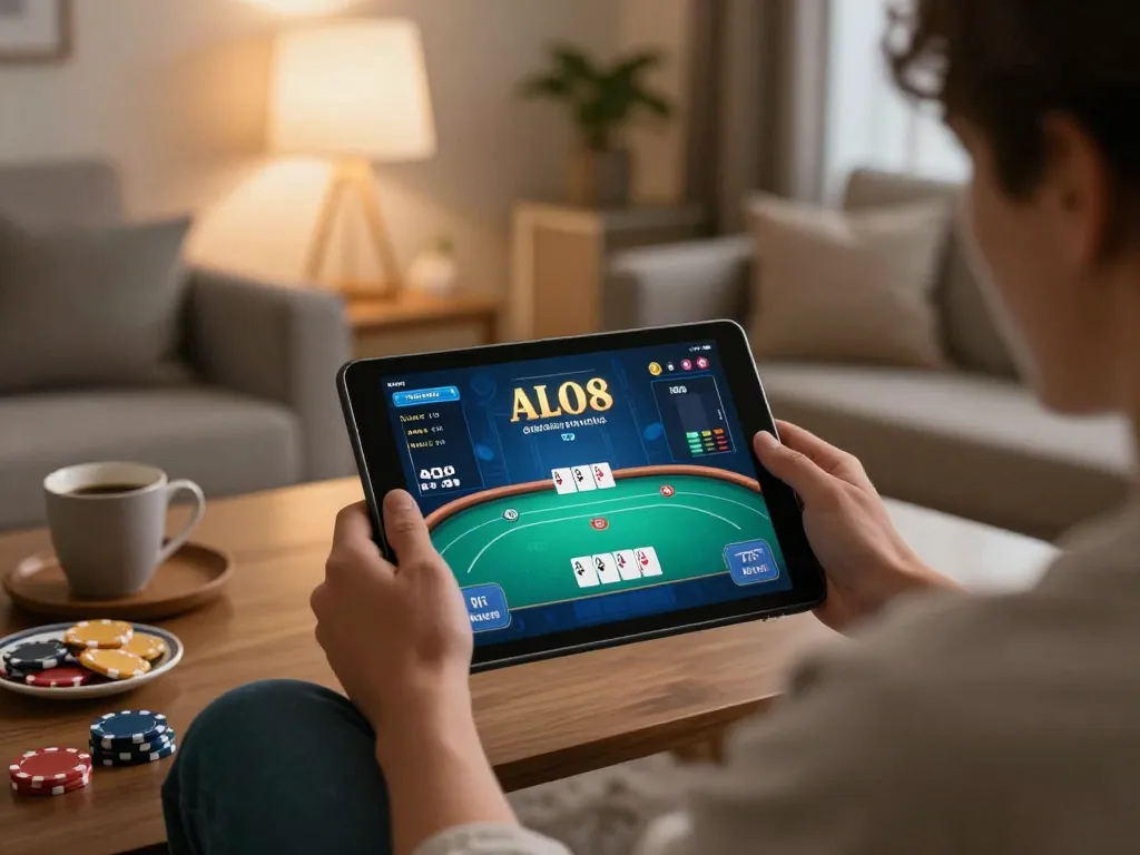 Engaging in ALO8 online poker, a player strategizing from a cozy living room setup.