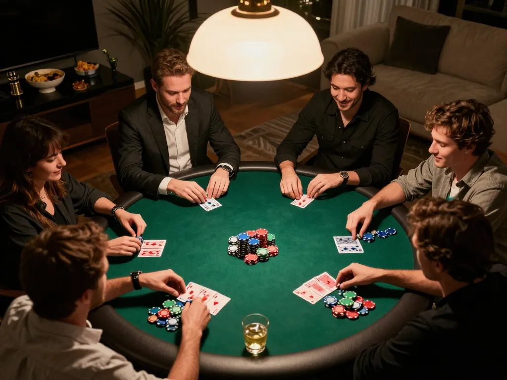 TG88 players enjoying an intense home poker night with chips and cards in action.