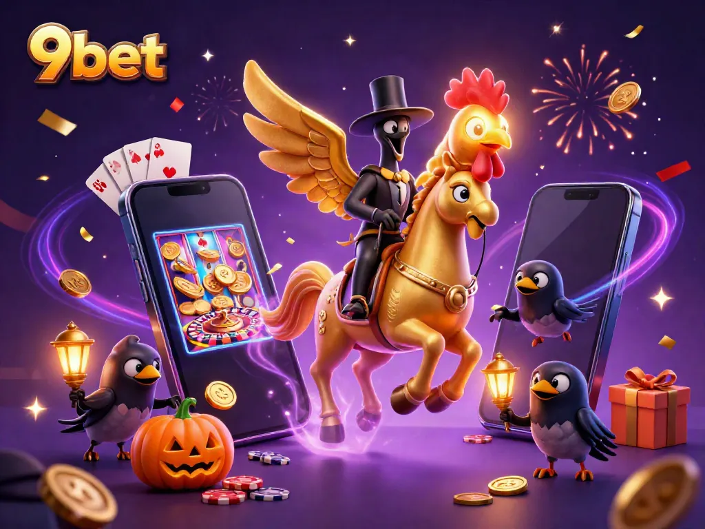 Experience excitement with 9bet's colorful online casino scene featuring a golden rooster and rich gaming elements.