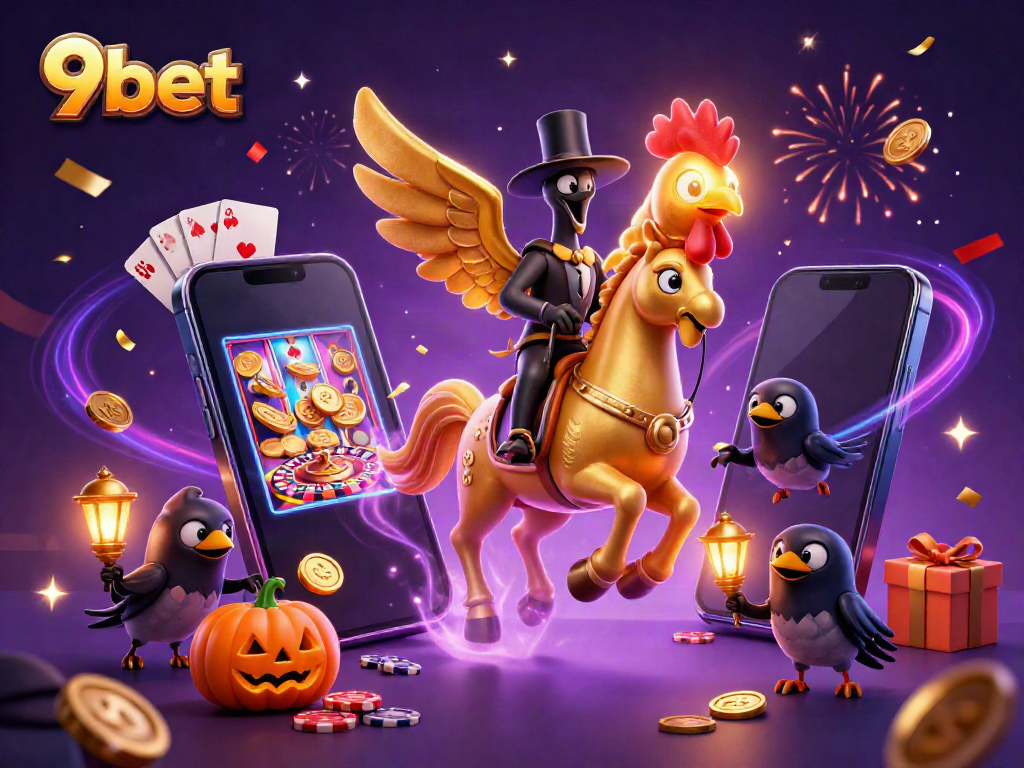 Experience excitement with 9bet's colorful online casino scene featuring a golden rooster and rich gaming elements.