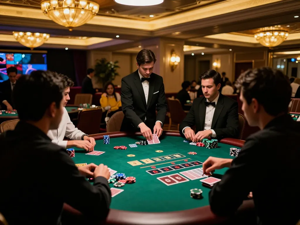 VT88 captures the excitement of blackjack players strategizing their next moves at a luxurious casino table