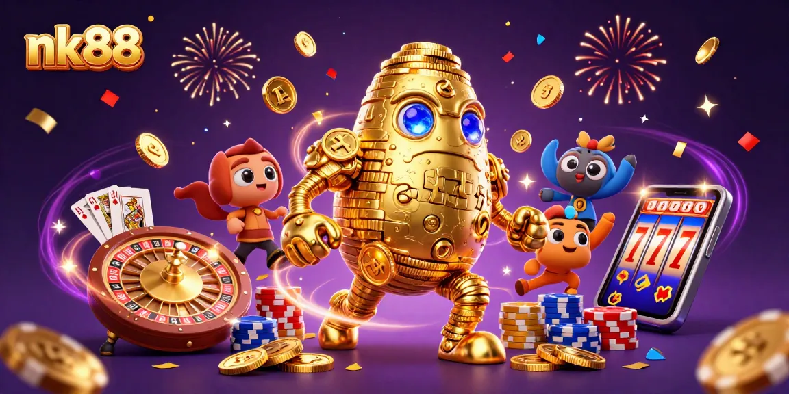 Experience thrilling gaming excitement at nk88, featuring a vibrant scene with a golden golem, coins, and casino elements.
