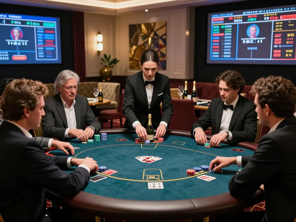 Players enjoying a high-stakes poker game at QQ88's elegant VIP area, showcasing engaging gameplay