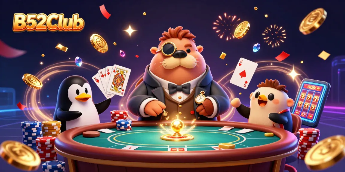B52Club delivers thrilling underwater casino action with a walrus, penguin dealer, and pufferfish player.