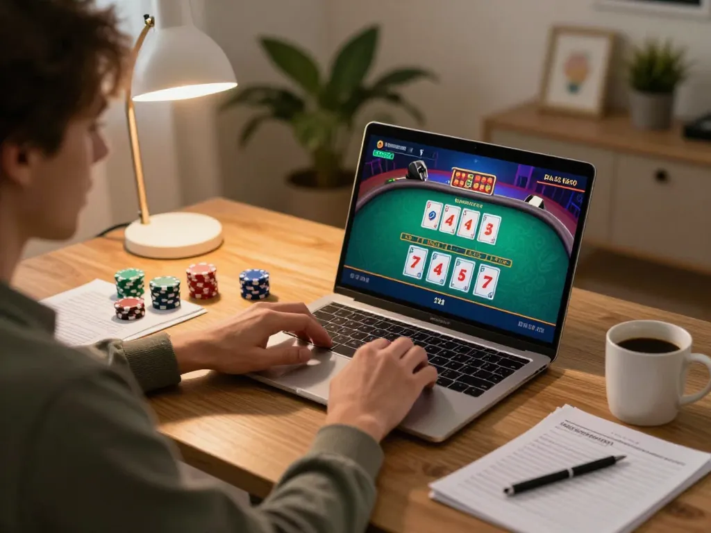 Player enjoying a blackjack game on a laptop at home, showcasing fabet strategies for winning.