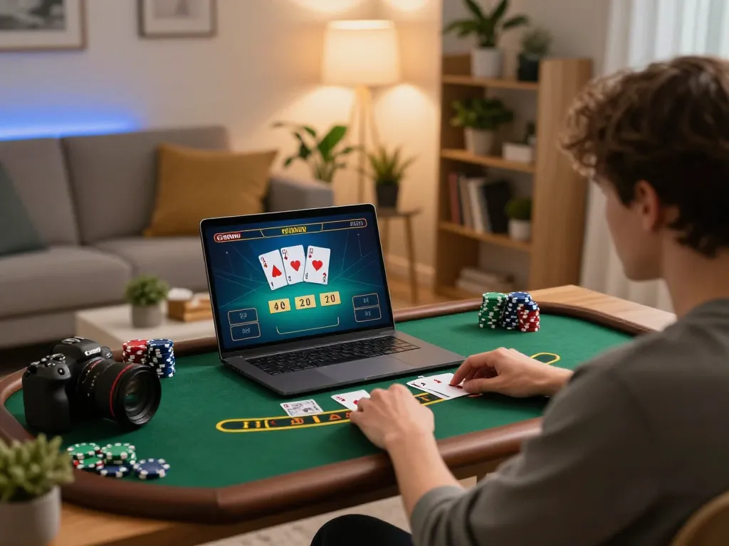 Engaging in strategic gameplay on Trang Chủ 88GO with a vibrant online blackjack session at home, showcasing cards and chips.