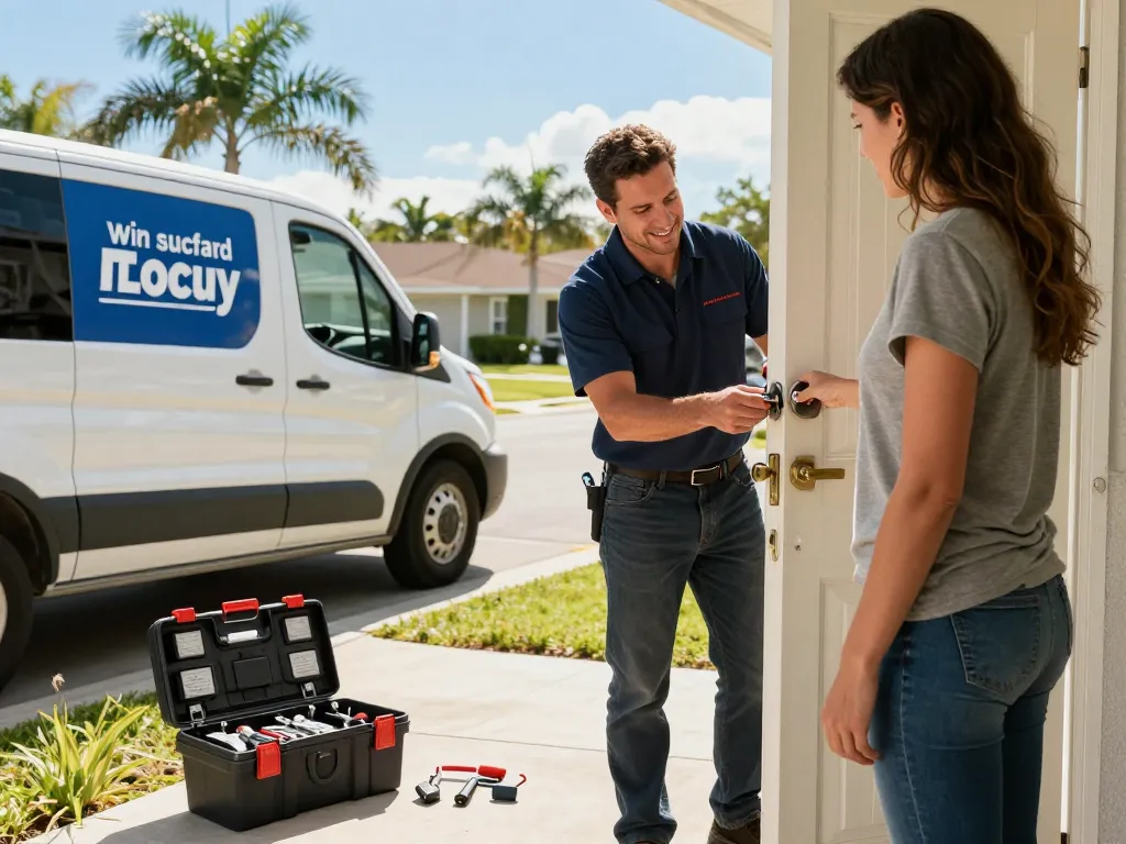 Professional local locksmith Hobe Sound assisting homeowner with lock repair.