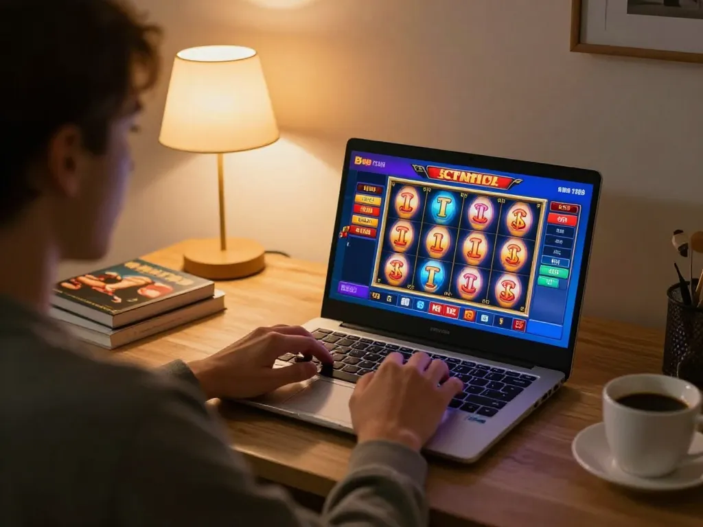 Player engaging with F168 online casino slot games at home with vibrant screen and cozy atmosphere