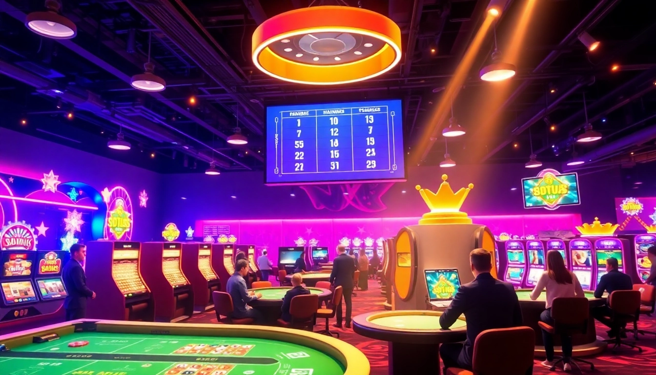 Spielen Sie spannende online casino slots in einem lebendigen, digitalen Casino-Setting mit funkelnden Lichtern und glücklichen Spielern.