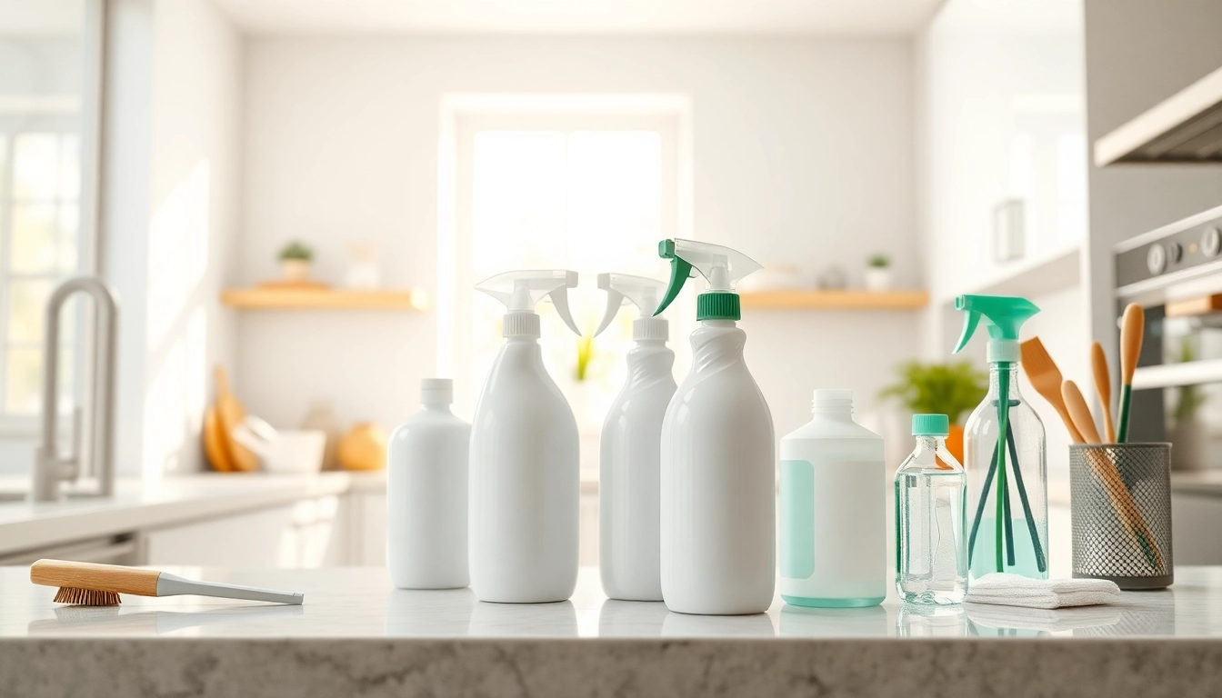 Reinigungsmittel displayed in a modern kitchen setting to emphasize cleanliness and freshness.