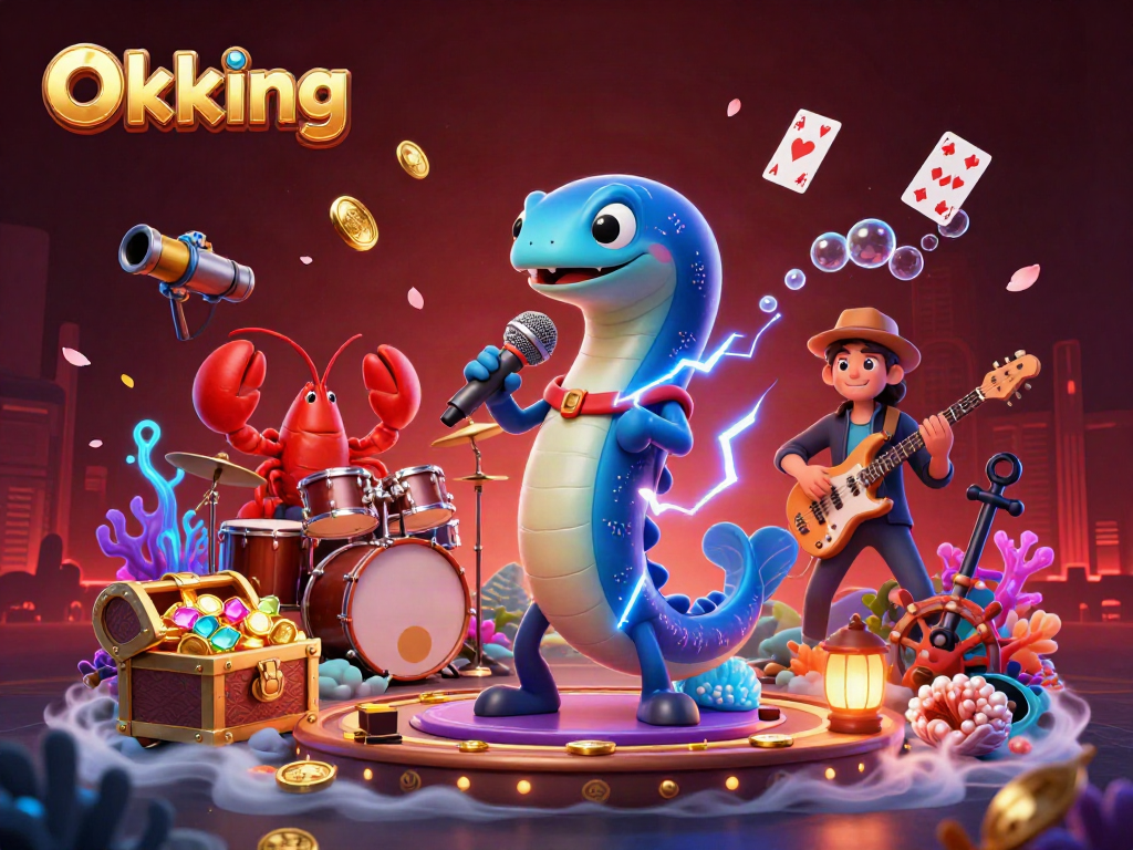 Experience Okking's underwater casino vibes with a dynamic DJ eel and band in a vibrant, lively scene.