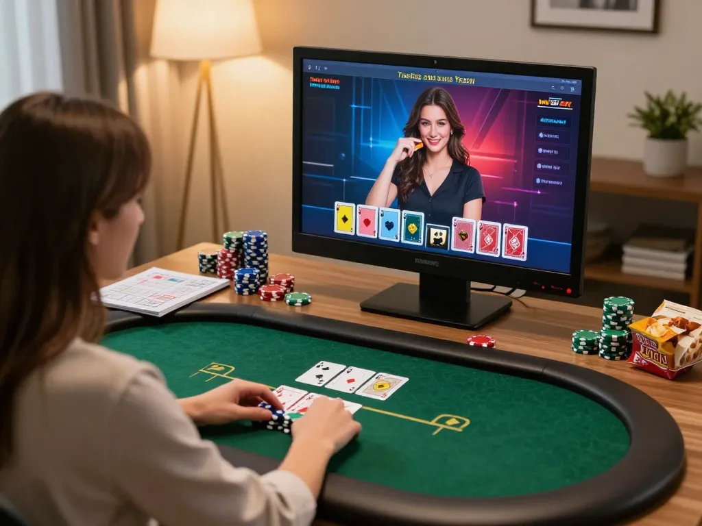 33winn player engaging in strategic online poker game, cozy home environment with cards and chips