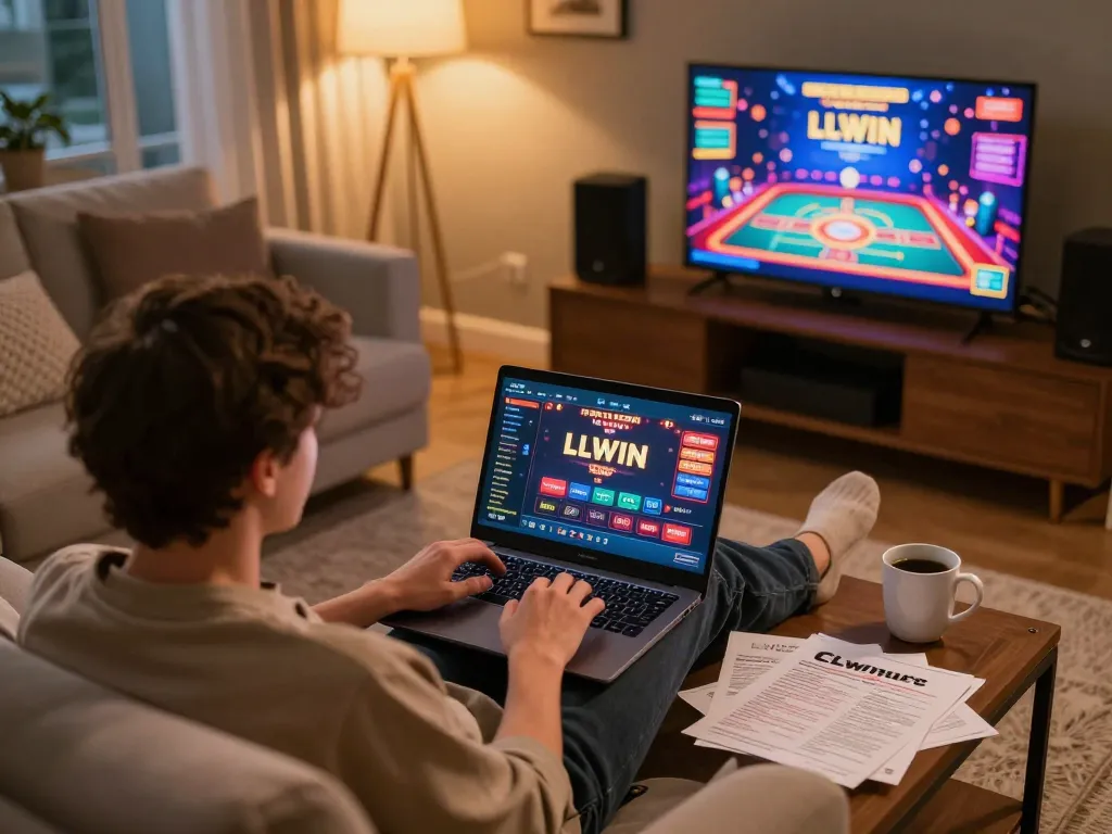 Engaging with LLWIN Function on a laptop during an online gaming session at home.
