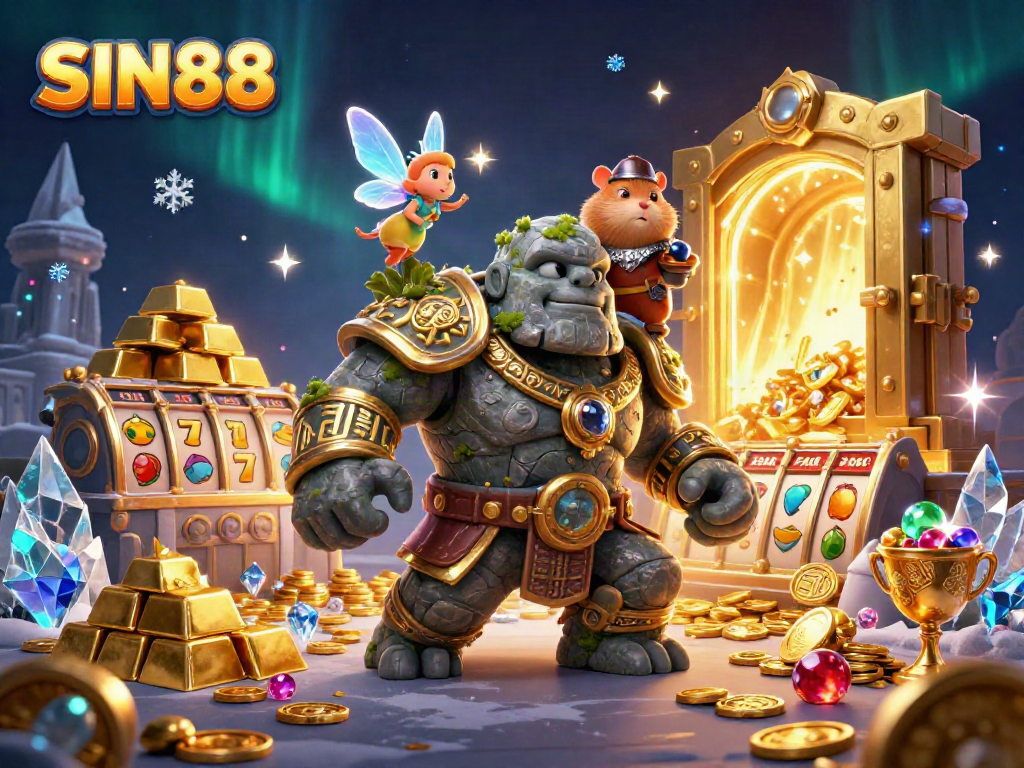 SIN88 features a lively scene with a stone golem and fairy casting magic among jackpot symbols, highlighting a dynamic casino atmosphere.