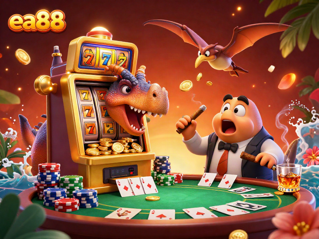 ea88 casino scene with a pachycephalosaurus and golden slot machine in a vibrant setting.