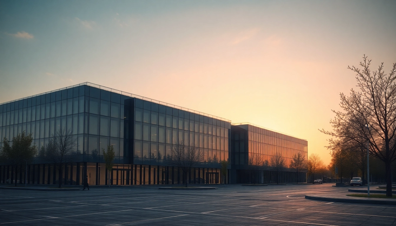 Architekturvisualisierung eines modernen Bürogebäudes mit Sonnenuntergang, das Details und Atmosphäre darstellt.