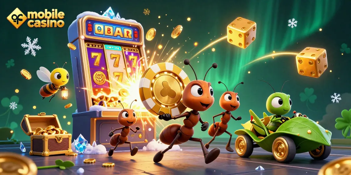 Engage with mobile casino excitement through a heist scene featuring ants and a vibrant slot machine.