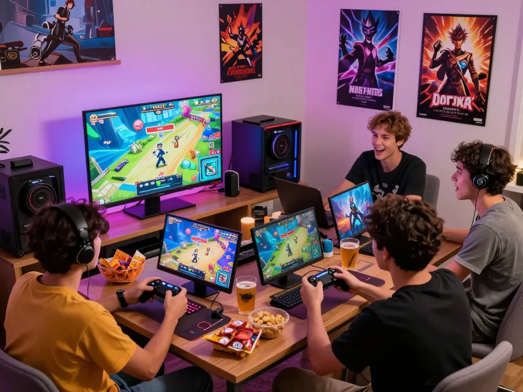 Enjoying a fun group gaming session with popular porn game online in a lively, cozy setting.