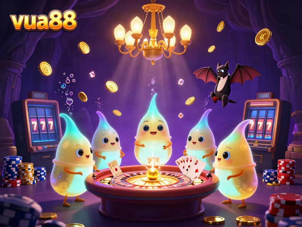 Experience thrilling gaming at vua88 with animated glowworms illuminating a vibrant casino filled with excitement.