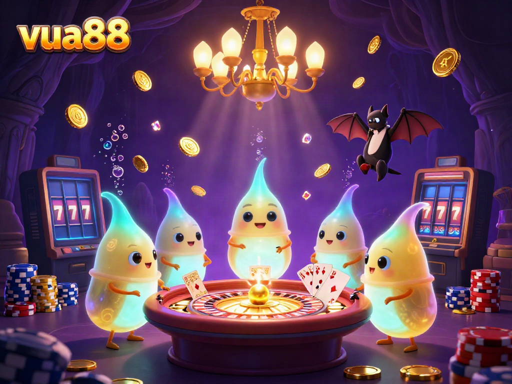 Experience thrilling gaming at vua88 with animated glowworms illuminating a vibrant casino filled with excitement.