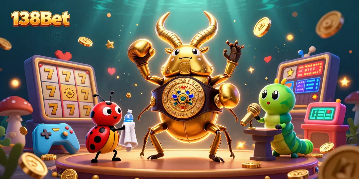 Engage in thrilling games at 138Bet with vibrant slot machines, coins, and dynamic casino-themed characters.