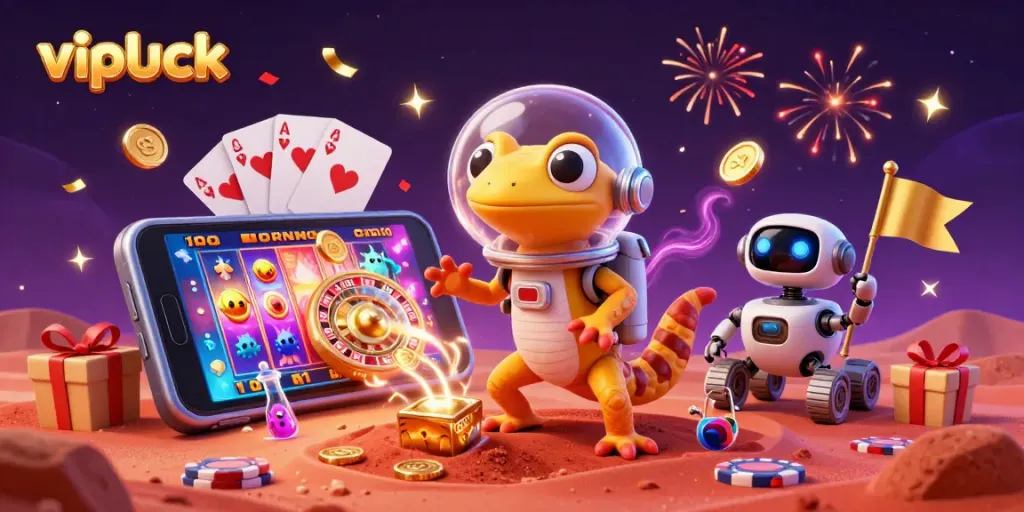 Experience vibrant gameplay at vipluck with a Martian gecko finding a buried golden casino.