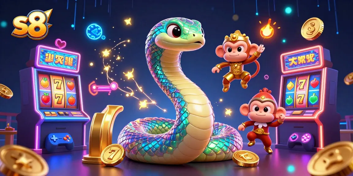 Experience the vibrant energy of s8 with colorful slot machines and dynamic characters in 3D casino illustration.