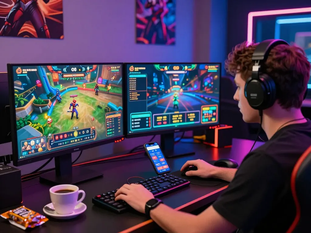 Engaged player enjoying O8 online gaming experience with vibrant graphics and modern setup.