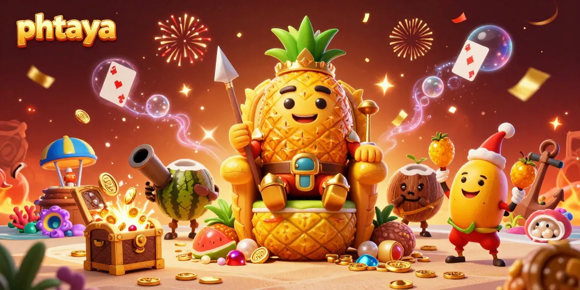 Phtaya showcases a vibrant 3D illustration with a golden pineapple king in a casino setting, offering festive energy.