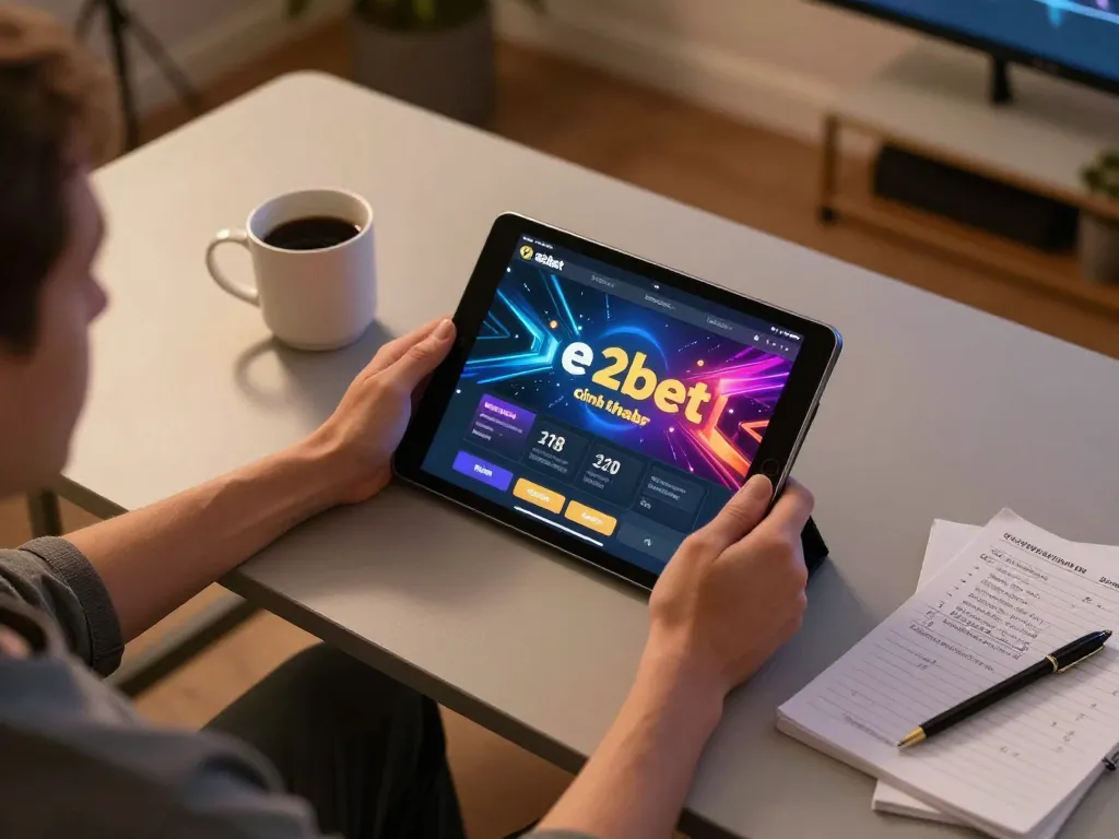 E2BET chính chủ app interface displayed on tablet showcasing dynamic betting options in a cozy home setting