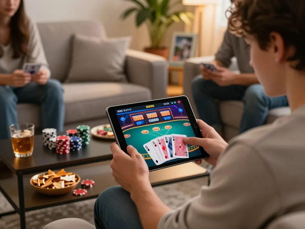Enjoying online poker while managing a slot deposit 10000 strategy at home, showcasing a cozy gaming atmosphere.