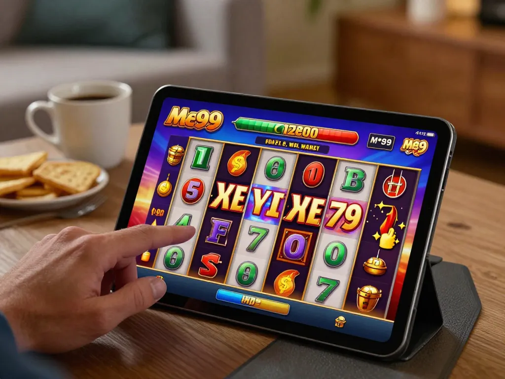 Player enjoying a big win on Me99 while gaming at home with tablet and snacks.
