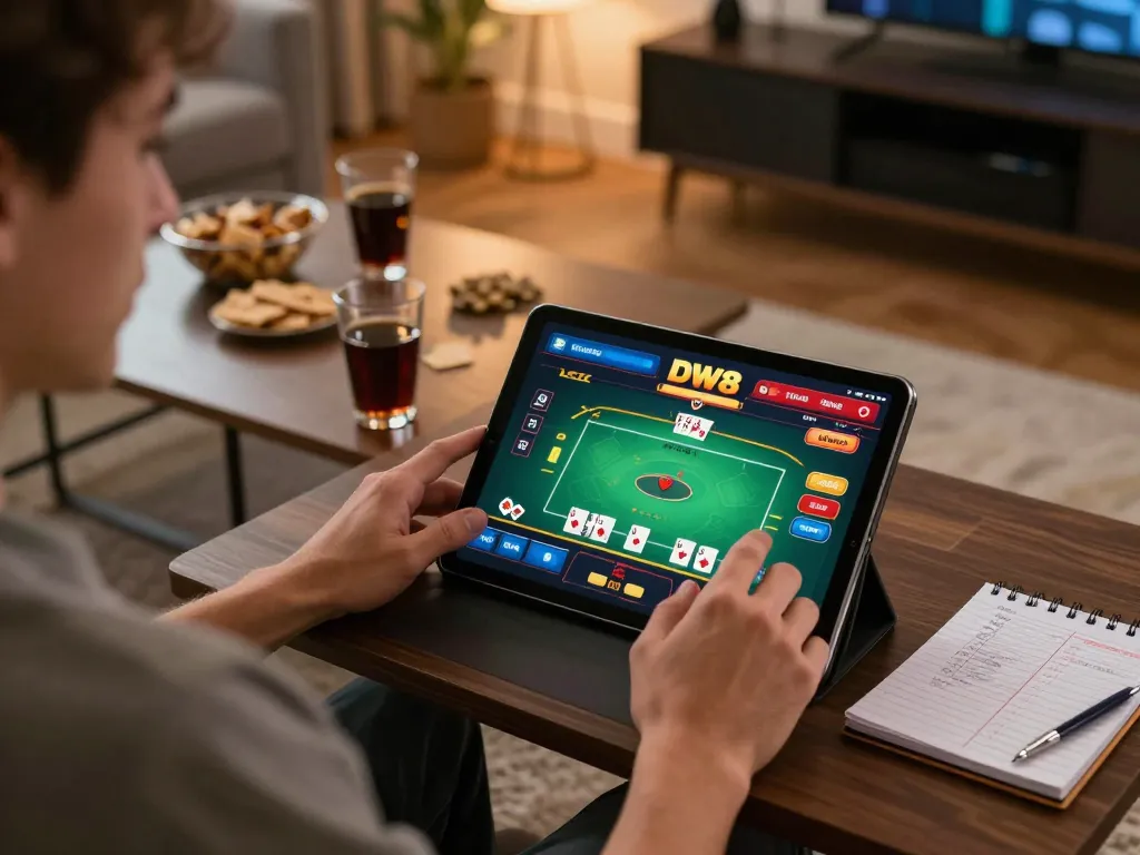 Engaging gameplay on the DW8 app, showcasing a poker game on a tablet in a cozy home setting.