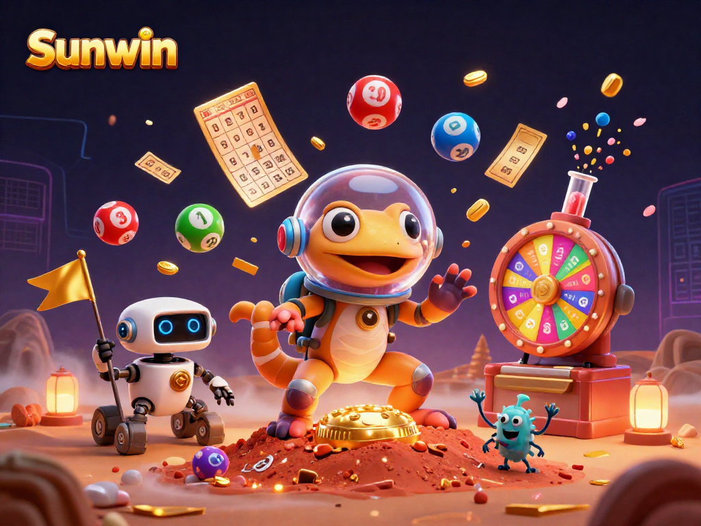 Experience thrilling gaming at Sunwin with a vibrant 3D scene featuring a Martian gecko and adventurous casino elements.