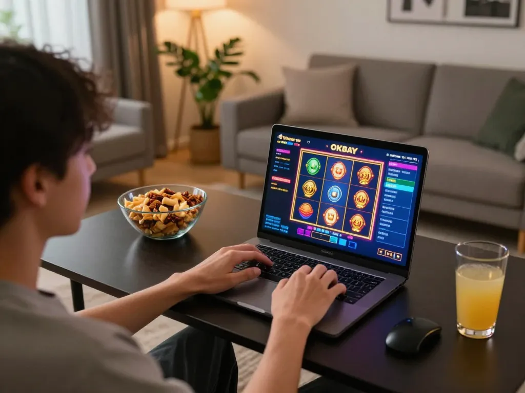Engaging in exciting slot gameplay on OKBAY using a laptop in a cozy home setup