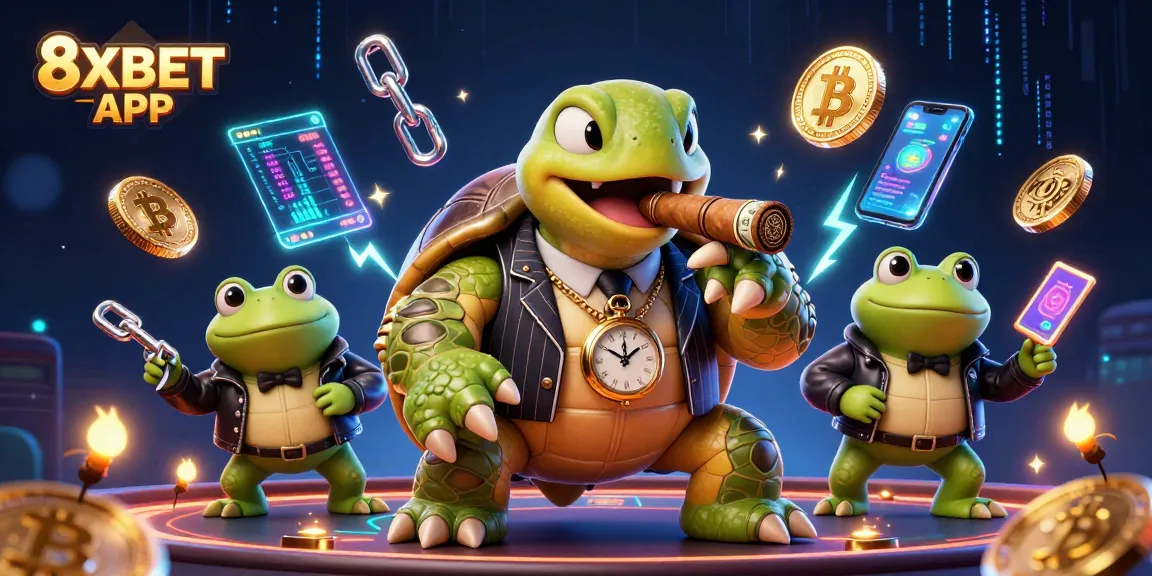 Engage with the exciting 8XBET APP featuring cartoon characters in an immersive casino scene.