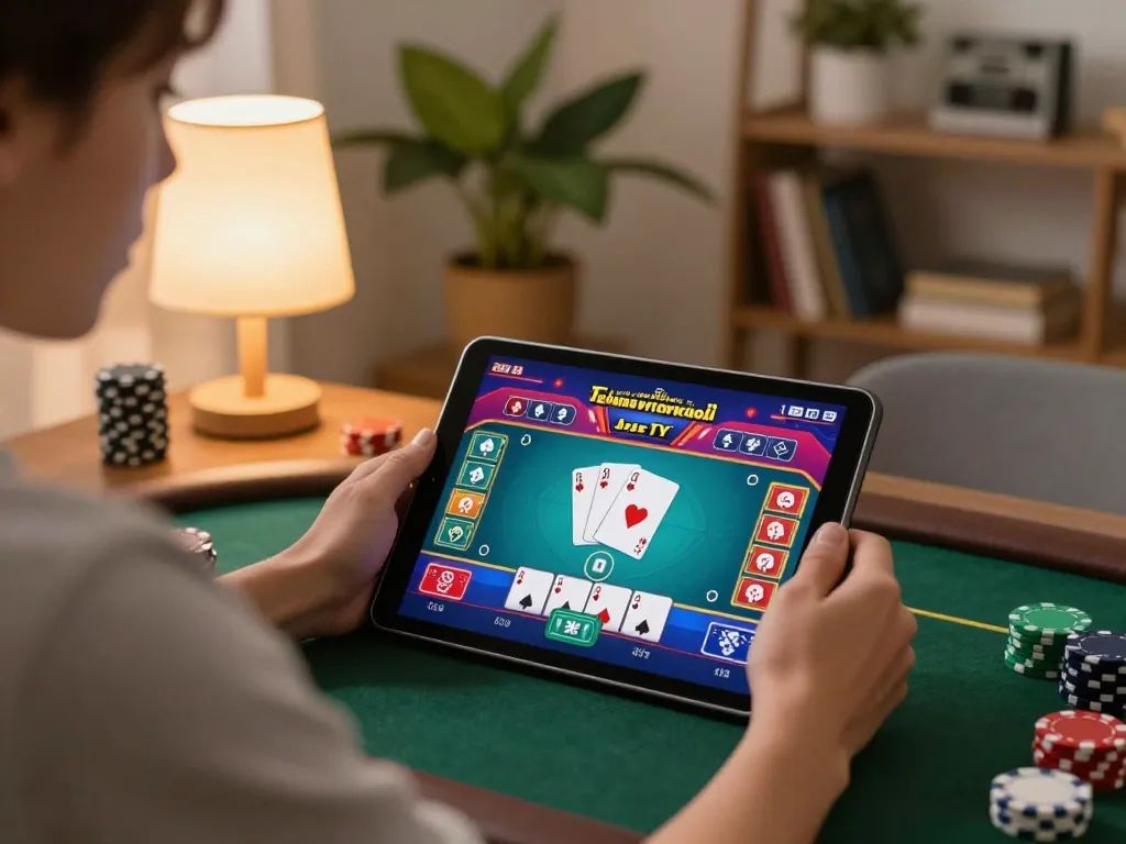 UU88 player engaging in online poker game on tablet in cozy living room setting