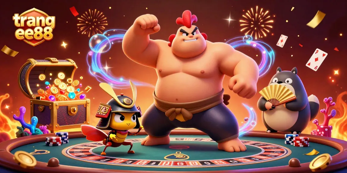 Engage in thrilling games at trang ee88, featuring a vibrant casino scene with dynamic characters and festive elements.