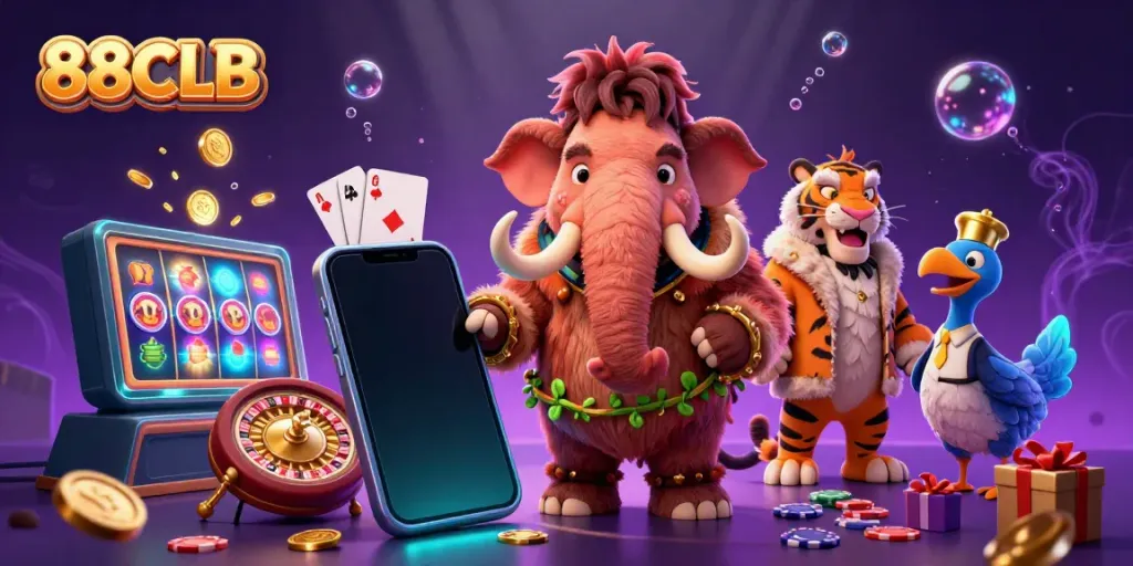 88CLB bouncer checks ID at a vibrant casino door, surrounded by colorful slot game elements.