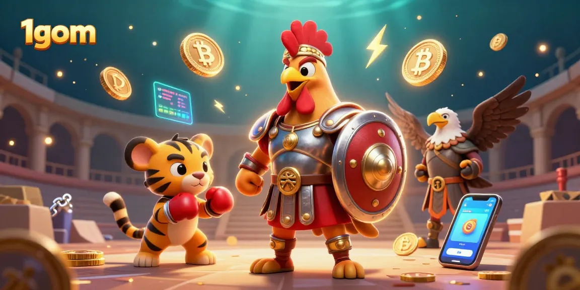 1gom engages gamblers with a vibrant illustration of 3D characters and dynamic crypto elements.