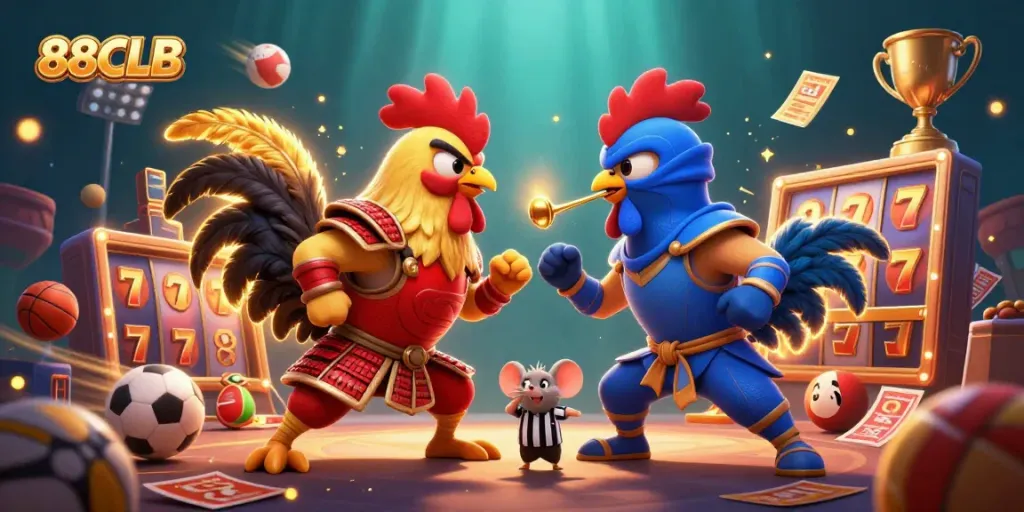 Bet online with 88CLB while witnessing dynamic 3D roosters battling in a colorful casino-themed scene.
