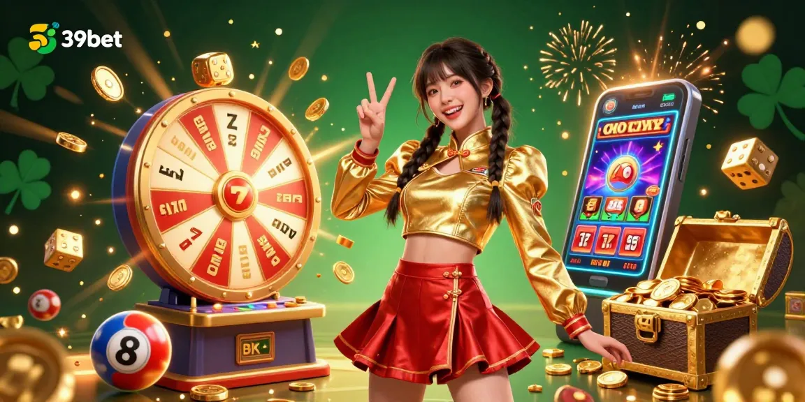 Experience the vibrant world of 39bet with a stunning Asian woman celebrating a jackpot in this elaborately crafted casino scene.